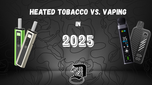 Heated tobacco Iqos and vaping devices against a dark floral background with bold text "Heated Tobacco vs. Vaping in 2025." Modern and sleek tone. and dragonvape logo