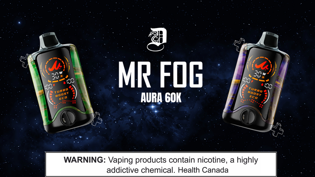 Two Mr Fog Aura 60K disposable vape devices displayed against a starry night sky background with Health Canada nicotine addiction warning visible below.