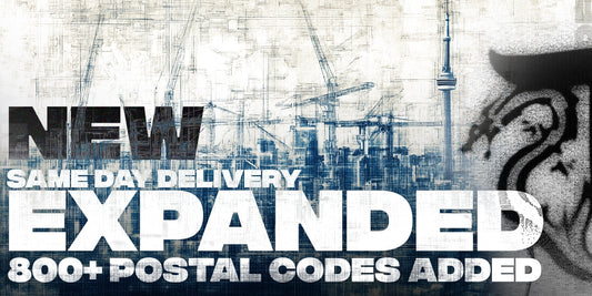 Dragon vape, Vape store in Ontario Announcement of expanded same-day delivery service with over 800 postal codes added. Background features urban skyline and construction cranes.