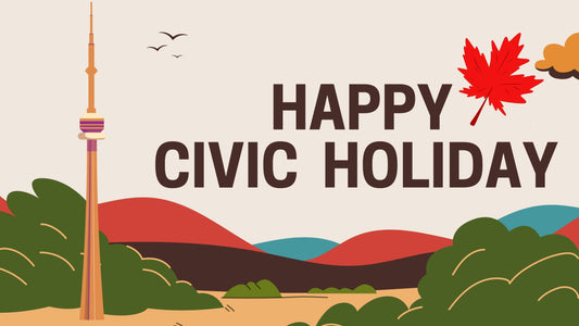 Illustration of CN tower with hills, trees, and birds. Red maple leaf next to 'Happy Civic Holiday' text. Warm colors convey a festive, celebratory tone.