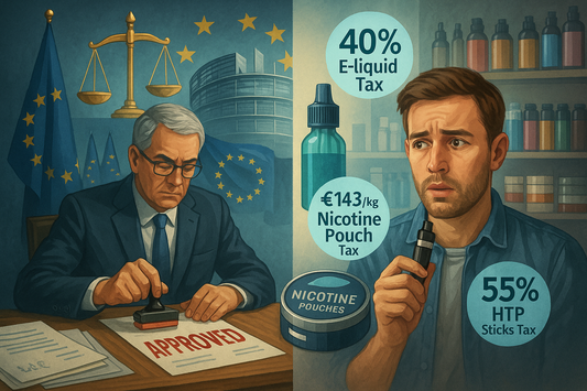 A stern official stamps "Approved" on documents beside EU symbols, scales of justice in the background. A worried man, surrounded by tax info on e-liquids, nicotine pouches, HTP sticks, holds a vape pen.
