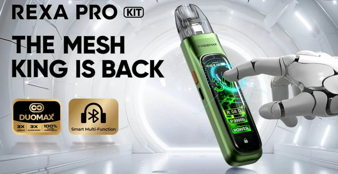 Futuristic REXA Pro By FreeMax vape device ad with green metallic finish. Robotic hand interacts with holographic screen. Text reads "The Mesh King is Back." Tone is high-tech.