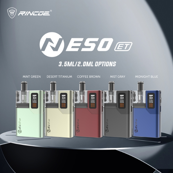 Five vape devices in mint green, desert titanium, coffee brown, mist gray, and midnight blue. Text reads "Neso ET, 3.5ml/2.0ml options." Clean, modern design.