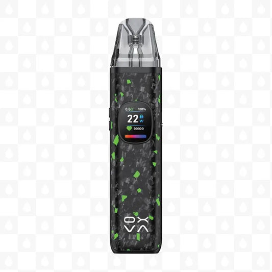 Sleek vape device with a textured black and green design, featuring a small digital display showing 22 watts. The background is a light pattern.