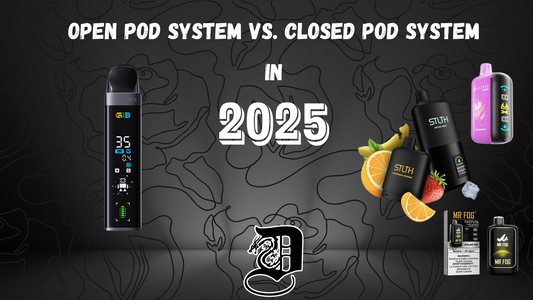 Open pod system vs. closed pod system in 2025. Various vaping devices are displayed on a dark background with subtle abstract patterns.