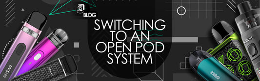 Open pod vaping devices on dark abstract wallpaper with the words: switching to an open pod system