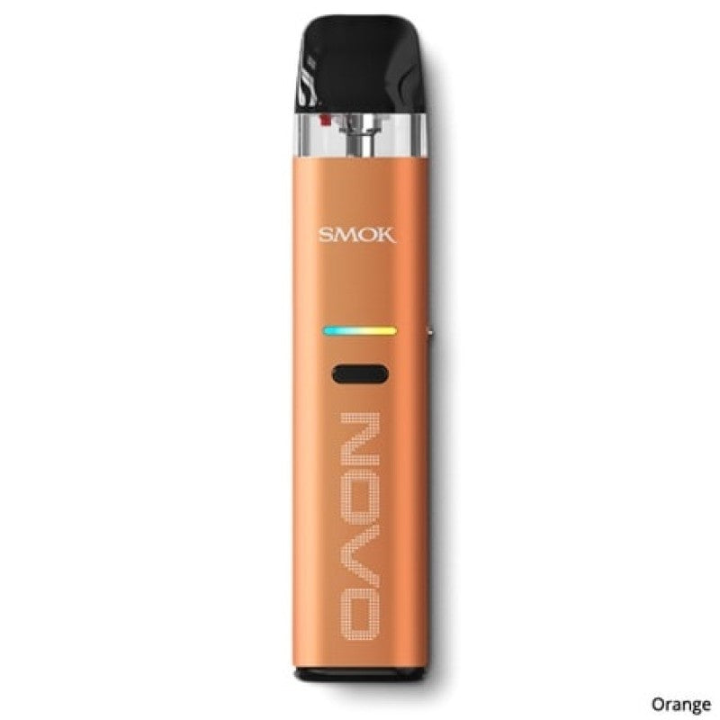 An orange vape device with a sleek design, featuring a transparent top, black mouthpiece, and "NOVO" logo. The tone is modern and stylish.