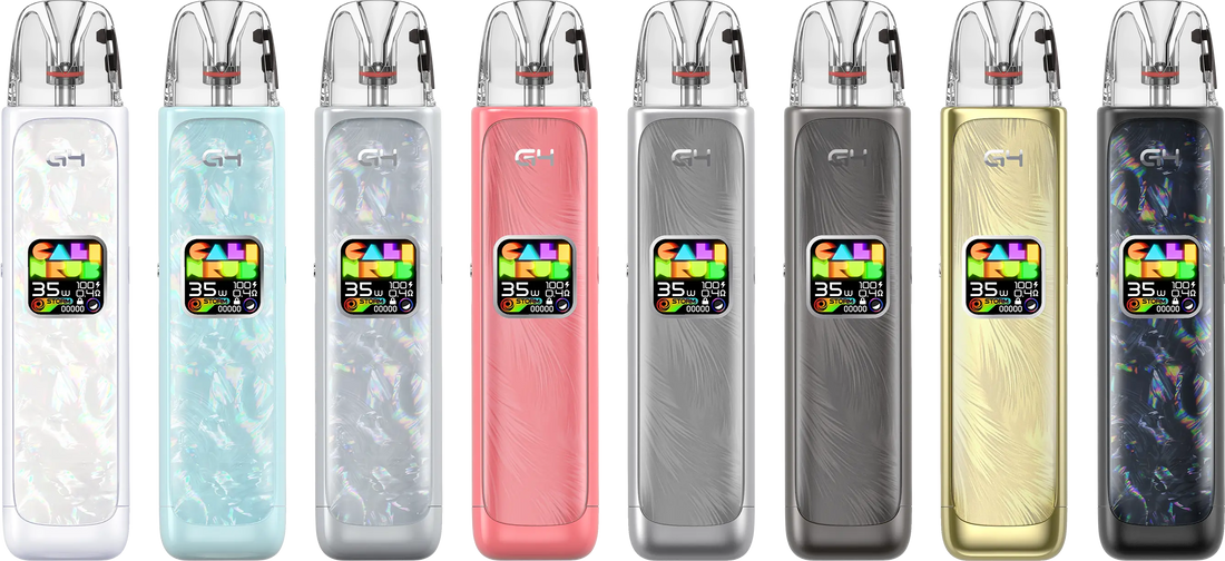 Seven Uwell Caliburn G4 Pod vape devices with sleek designs in various colors: white, blue, gray, pink, silver, gold, and black. Each has a digital display showing settings.