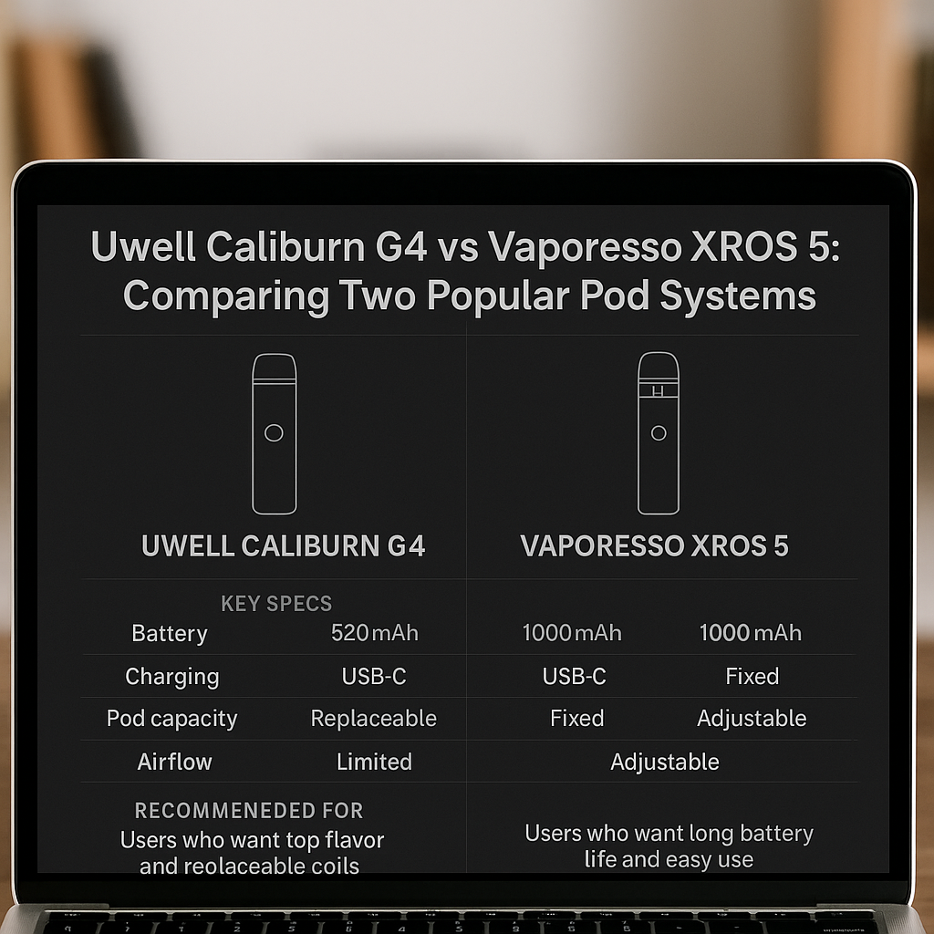 Laptop screen displaying a comparison between Uwell Caliburn G4 and Vaporesso XROS 5 pod systems. Key specs and recommendations are listed side by side.