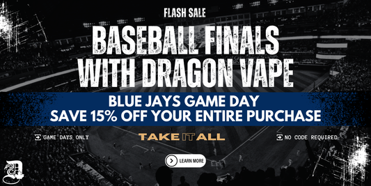 Dragon Vape's World Series promo with Blue Jays theme. Offers 15% off on game days, featuring excited Blue Jays players. Online only.