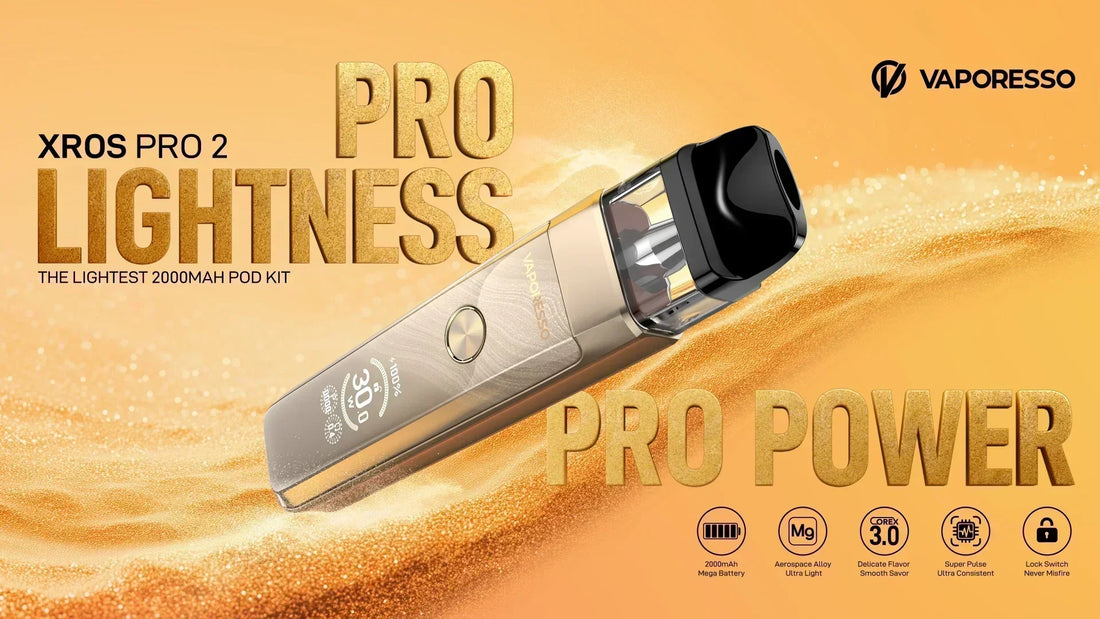 A sleek gold vape pod kit titled "XROS Pro 2" on a golden background. Bold text reads "Pro Lightness" and "Pro Power." Icons highlight features like "2000mAh," "Ultra Light," and "3.0 Flavor.