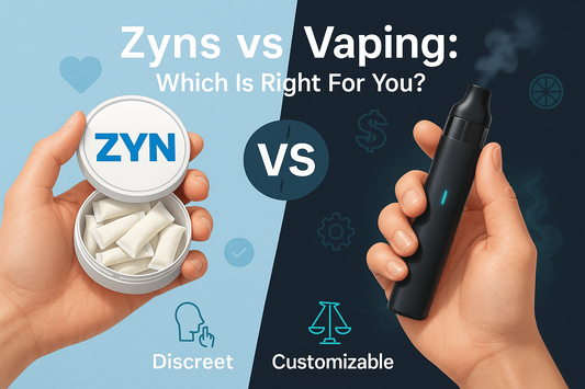 Split image comparing Zyns and Vaping. Left: hand holding Zyn pouch with text "Discreet." Right: hand holding vape with text "Customizable." Central "VS