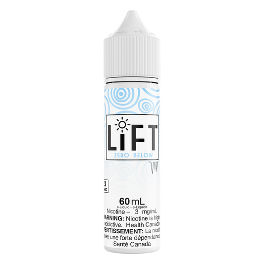 White 60mL e-liquid bottle labeled "LIFT Zero Below" features blue swirl design. Contains 3 mg/mL nicotine; warning about addiction in English and French.
