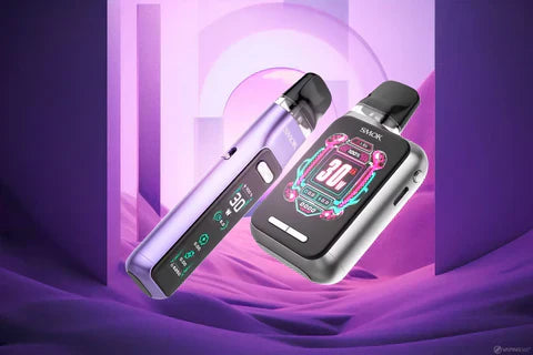 Two sleek, modern vape devices with digital screens displaying "30W" are set against a dynamic swirl of blue and purple, conveying a futuristic vibe.