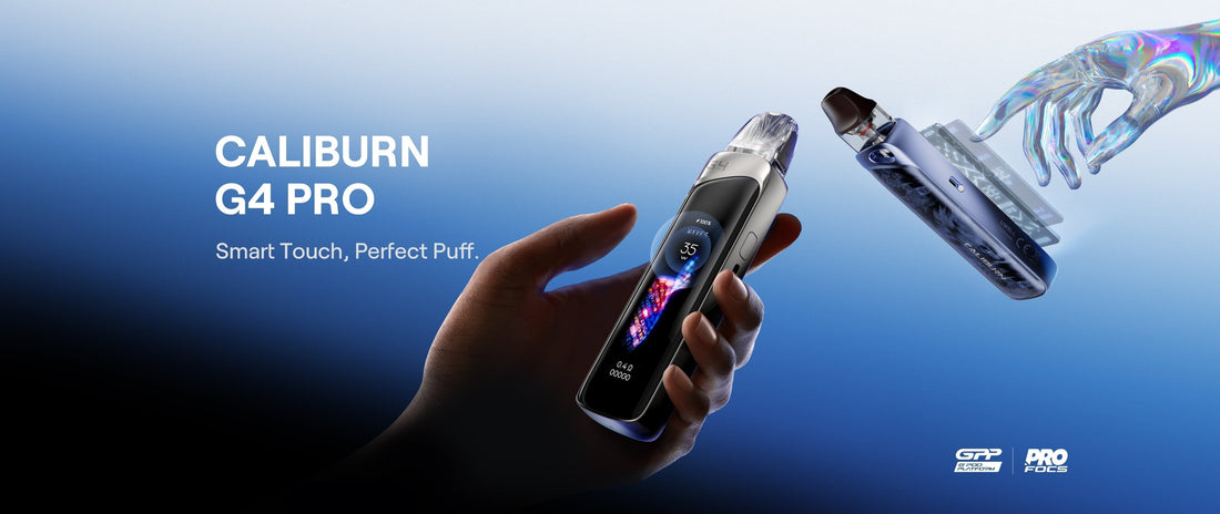 The image showcases a hand holding a sleek vape device against a gradient blue background. A futuristic holographic hand interacts with another device. Text reads "Caliburn G4 Pro: Smart Touch, Perfect Puff." The mood is modern and technological.