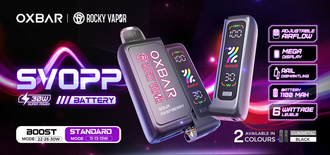 OXBAR Rocky Vapor device. Features include adjustable airflow, mega display, rail dismantling, 1100mAh battery, and 6 wattage levels. Boost mode: 22-30W, Standard mode: 11-15W. Available in gunmetal and black colors.