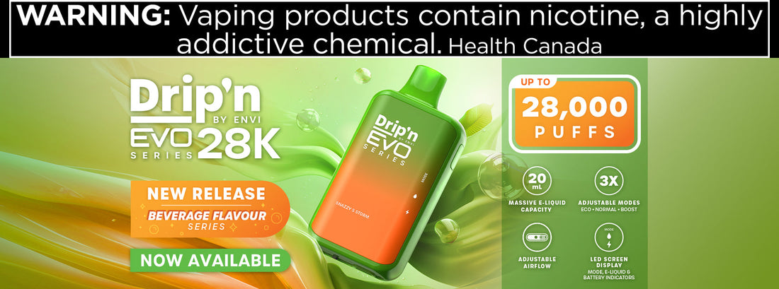 Colorful green and orange promotional image for ENVI DRIP'N EVO 28K, highlighting the brand's offerings with striking visuals and typography.