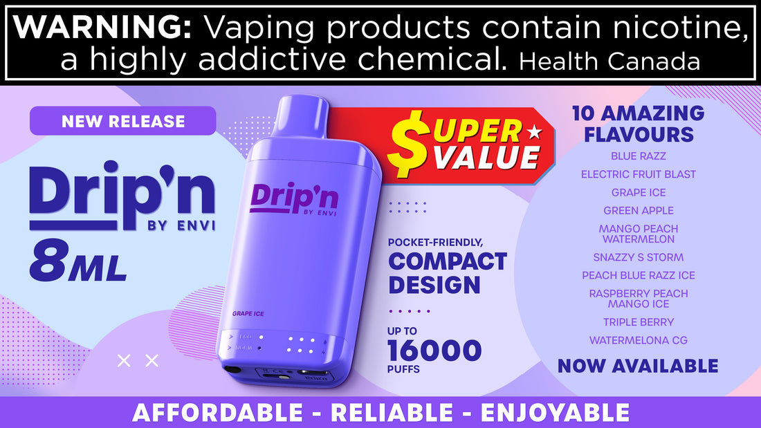 Drip'n by Envi vape. Features pocket-friendly, compact 8ml design, offering up to 16,000 puffs. Highlights 10 flavors like Grape Ice and Blue Razz. Emphasizes affordability, reliability, enjoyability