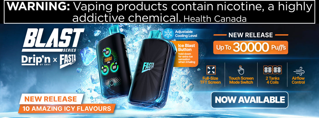 Advertisement showcasing a new vape called ENVI DRIP'N FASTA BLAST product with vibrant colors and modern design elements.