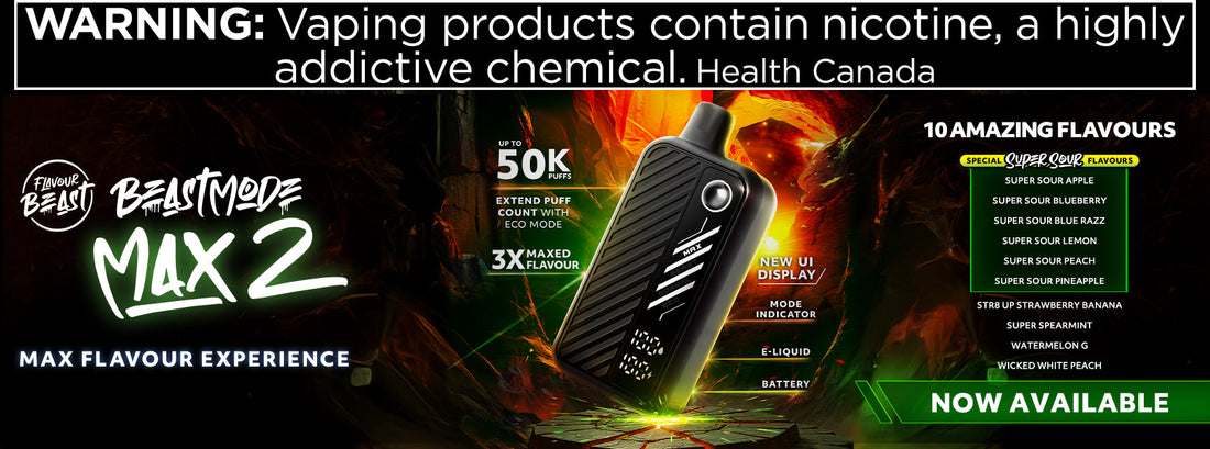 Advertisement showcasing the new product called FLAVOUR BEAST BEAST MODE MAX 2 with vibrant visuals and bold text highlighting its key features and benefits.