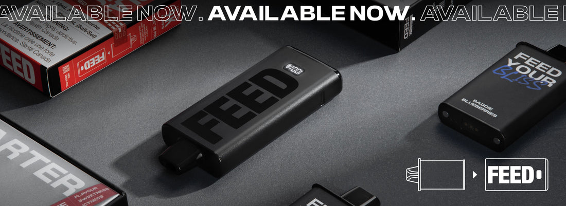 Black electronic vaping devices with "FEED" a gray background. Bold "AVAILABLE NOW" text at the top conveys urgency.