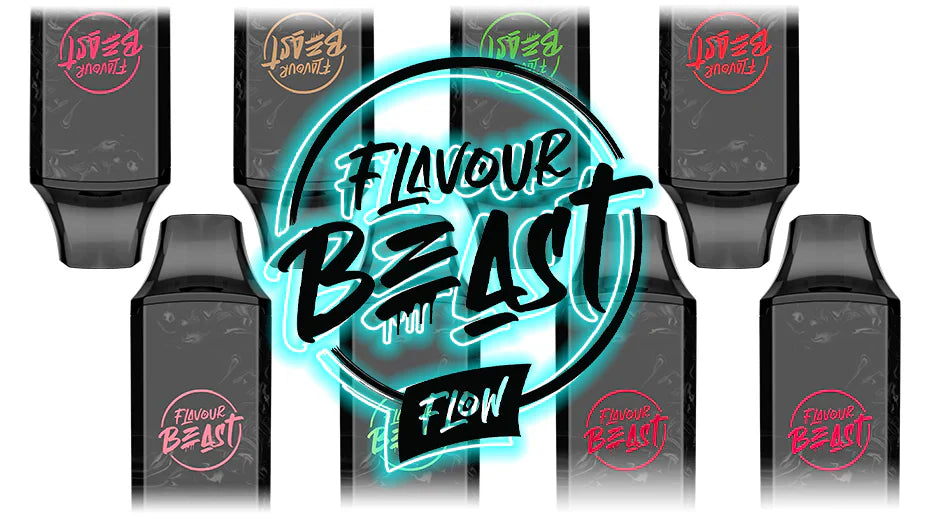 Vape product advertisement features seven black devices with colorful logos, surrounding a bold 'Flavour Beast Flow' text glowing in blue."