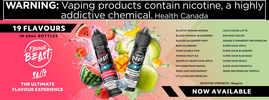 Flavour Beast 60ml Salt Vaping product with bottles surrounded by colorful fruit images. Text highlights 19 flavors. Prominent nicotine warning by Health Canada."