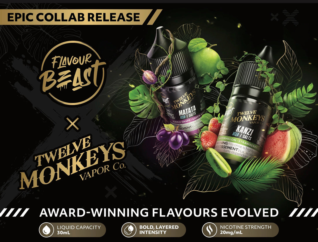 Flavour Beast and Twelve Monkeys Vapor Co. featuring two vape juice bottles, Matata Iced Salts and Kanzi Iced Salts. Surrounding the bottles are vibrant fruits like grapes, green apple, strawberry, and watermelon against a dark, leafy background.