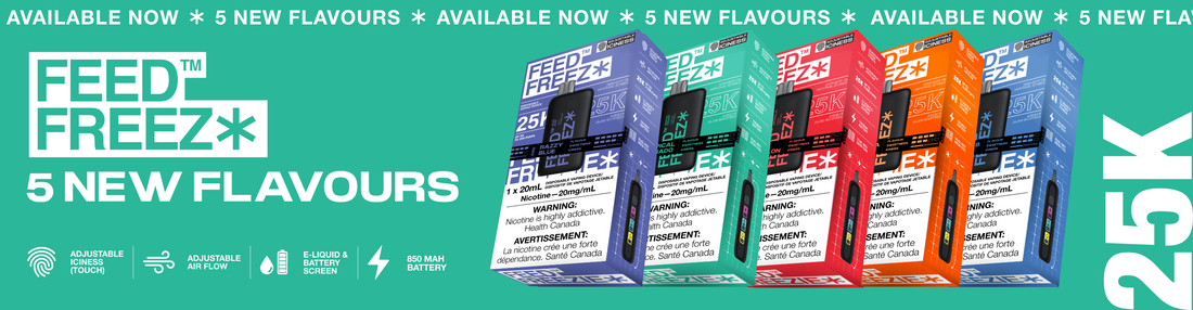 Five new flavors of Feed Freeze presented in vibrant packaging, emphasizing the range of choices available.