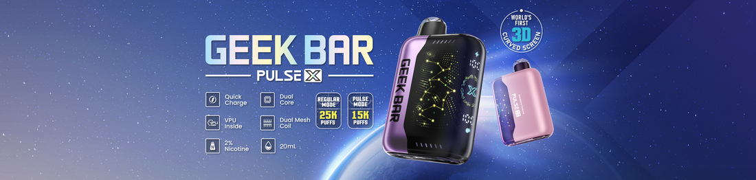 Promotional image for Geek Bar Pulse X vaping device in space-themed design. Features highlighted include quick charge, dual core, 3D curved screen, regular and pulse modes. Colors are predominantly purple and blue, evoking a futuristic tone.