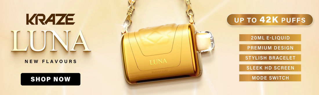 Gold-themed ad for Kraze Luna vape featuring a luxurious device on a chain. Highlights: 42K puffs, 20ml e-liquid, sleek design, HD screen. "Shop Now" button.