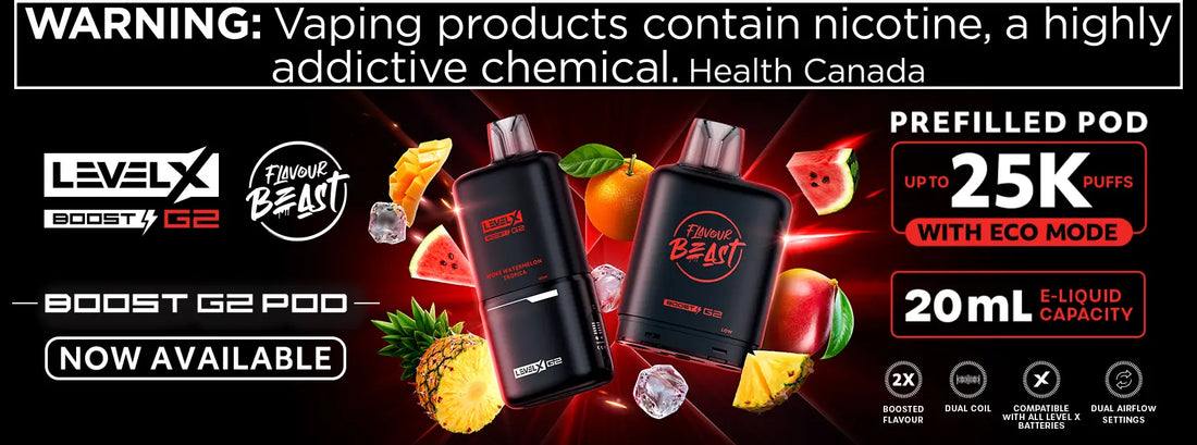 Level X Boost G2 vapes, featuring bold black and red design. Displays two vape pods alongside tropical fruits. Text highlights 25,000 puffs, 20mL capacity, boosted flavor, and nicotine warning from Health Canada.