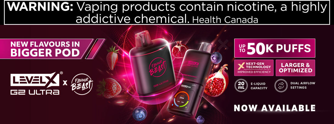 Level X G2 Flavour Beast Unleashed Ultra Pod with black and pink design. Features include new flavors, larger pods, up to 50K puffs, and next-gen technology.