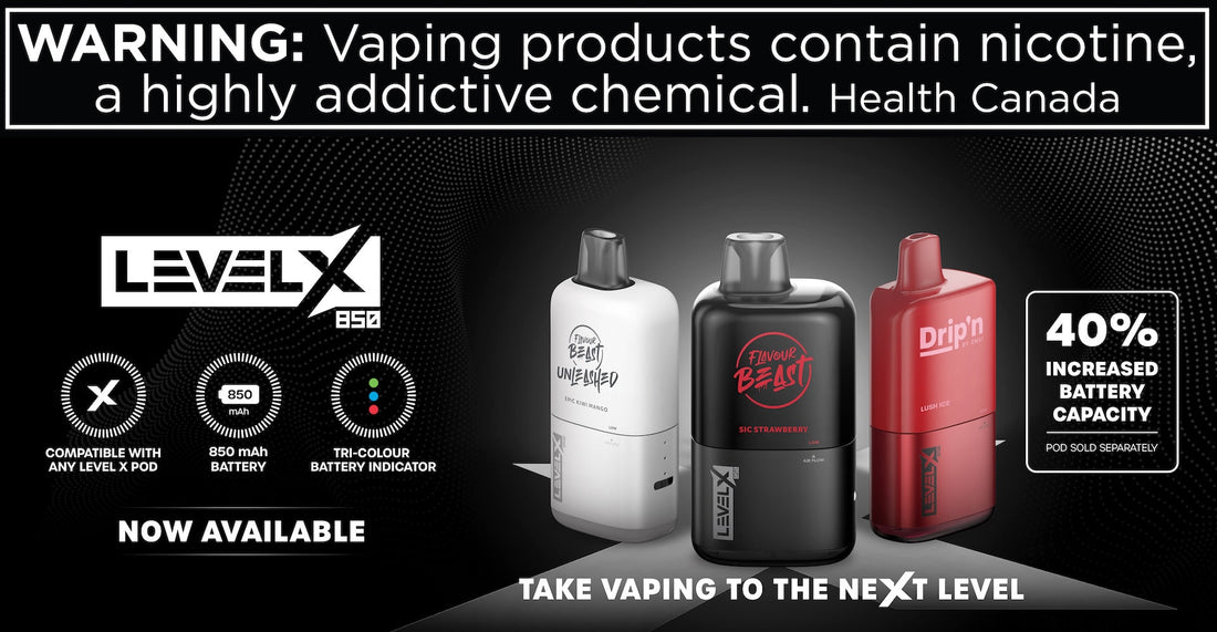 Advertisement for Level X V850 vaping products featuring three vape devices in white, black, and red, with health warning about nicotine addiction. Keywords highlight compatibility, battery capacity, and availability.