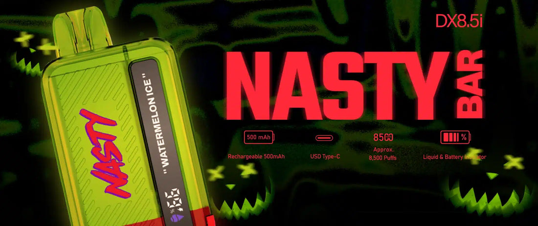 Vibrant, colorful vape devices labeled “NASTY BAR” are displayed against a gradient background. Text reads "Turbocharged satisfaction" and "Up to 8.5k puff."