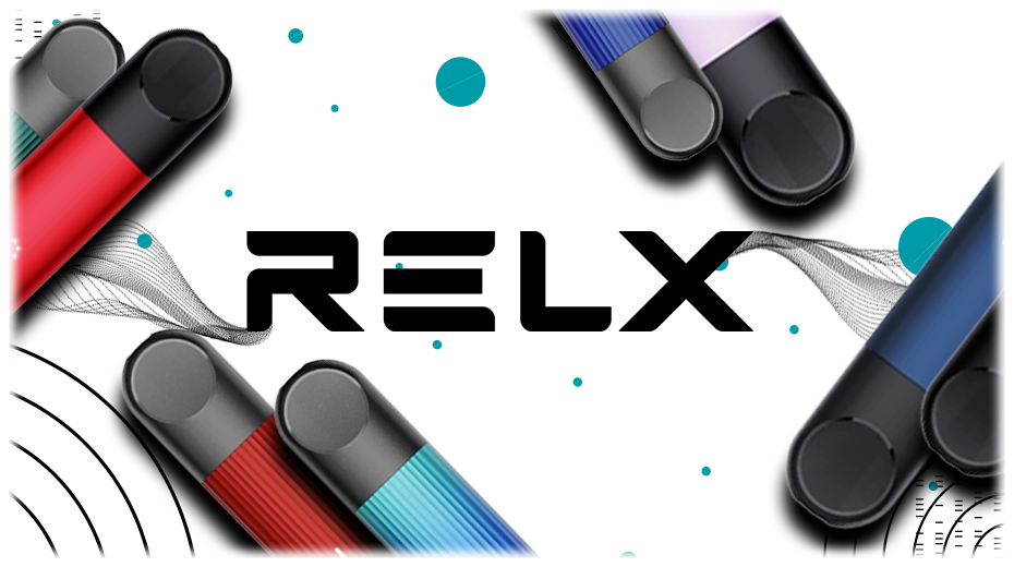 relx logo with relx vaping devices on abstract white background