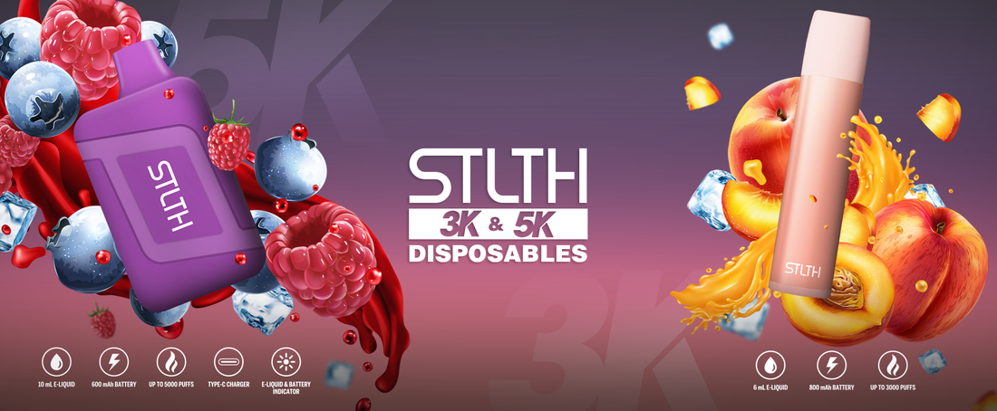 Stylized promotional image for STLTH 3K & 5K disposable devices. Left shows a purple device surrounded by berries and ice, right shows a peach-colored device with peaches and splashes. Keywords display e-liquid and battery details below.