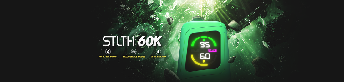 Green vape device with digital display showing "95" and "60," surrounded by a futuristic, space-like scene. Text: "STLTH 60K, Up to 60K Puffs." Energetic and bold.
