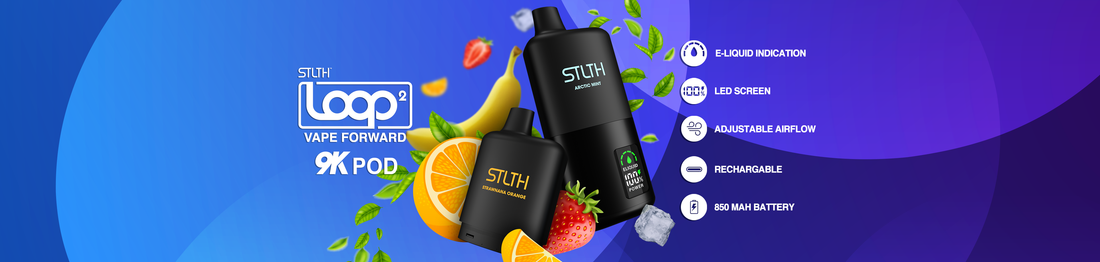 Vape product ad with black devices labeled "STLTH Arctic Mint" and "Strawvana Orange." Features: e-liquid indication, LED screen, adjustable airflow. Background: blue gradient with fruit accents.