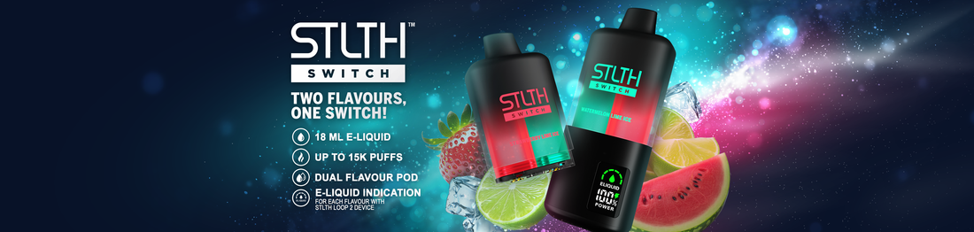 Two Pods of STLTH SWITCH PODS e-liquid with vibrant imagery of strawberries, limes, and watermelon. Text highlights dual flavor pods and puff capacity.
