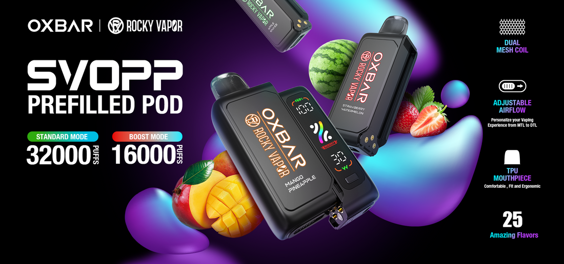 OXBAR Rocky Vapor SVOPP Prefilled Pod. Features dual mesh coil, adjustable airflow, and TPU mouthpiece. Two vaping modes: Standard (32,000 puffs) and Boost (16,000 puffs). Image includes colorful fruit illustrations and highlights 25 flavors