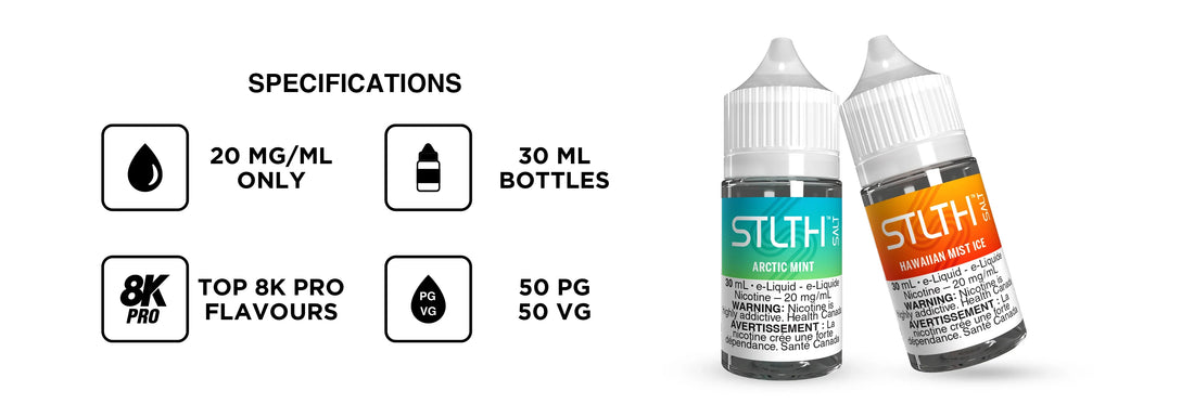 Two e-liquid bottles labeled "Arctic Mint" and "Hawaiian Mist Ice" with 30ml capacity. Text notes specifications: 20mg/mL nicotine, top 8K pro flavors, 50 PG/50 VG ratio from STLTH SALT VAPE JUICE.
