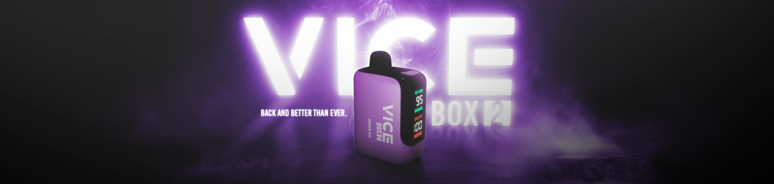 A sleek electronic device with a digital display stands against a backdrop of glowing purple text, "VICE BOX 2." The message "Back and better than ever" conveys innovation.