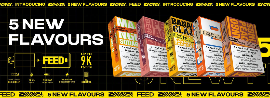 Bold graphic showing "5 New Flavours of FEED 9k" of e-liquid against a black grid. Colorful packaging displayed, with details about nicotine content and device specs.