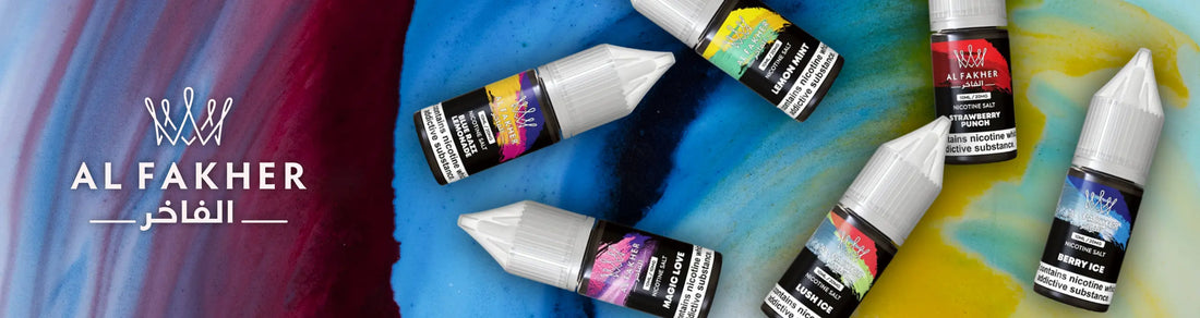 Bottles of vape liquid scattered on a colorful, abstract background with shades of blue, red, and yellow. The text "Al Fakher" appears on the left.