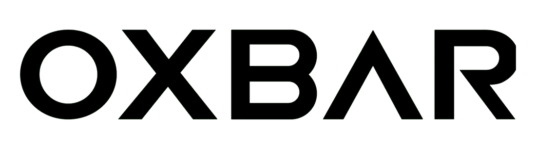Black text "OXBAR" vaping brand overlays a dark green striped background, creating a modern and bold design. The elongated letters emphasize sleekness and innovation.