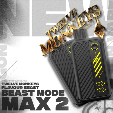 Black and yellow vape device with 'Twelve Monkeys' branding on a gray background