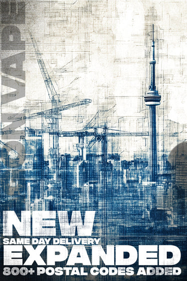 City skyline with architectural details and text about Vape new same day delivery expanded services.