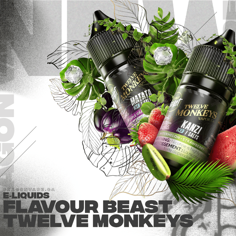Flavour Beast x 12 Monkeys E-Liquids. Bold text reads 'NEW' with colorful vape bottles surrounded by fruit and leaves.