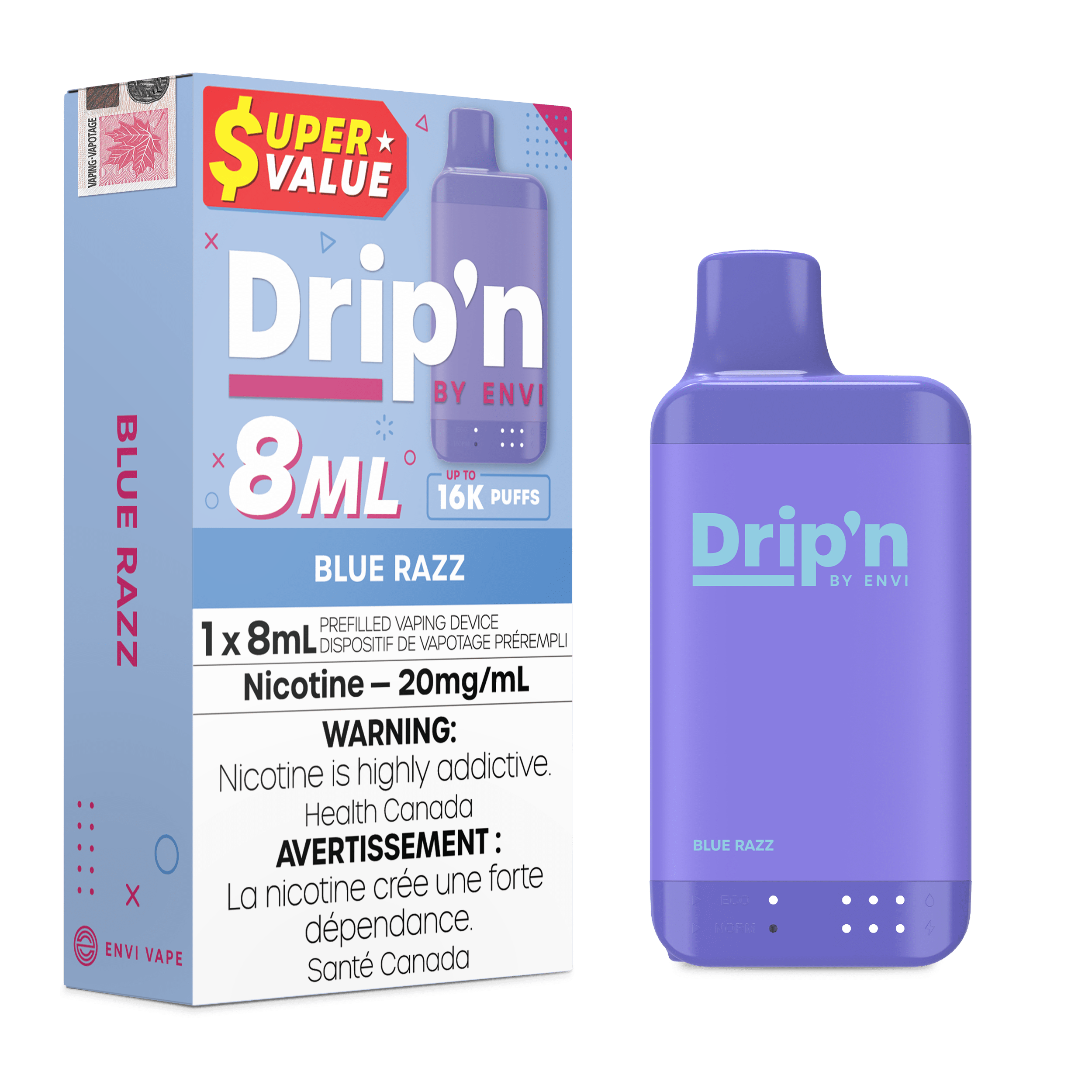 Envi Drip'n 8ML - Blue Razz Disposable Vape available on Canada online vape shop